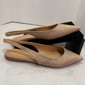 NEW JustFab Arianne Rhinestone Slingback Flat Pointed Toe Nude 6.5